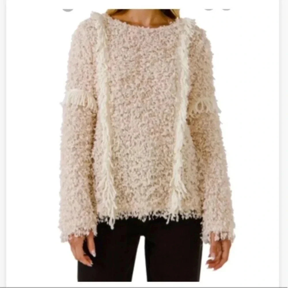 FREE THE ROSES COTTAGE CORE CREW NECK SWEATER CREAM AND TAN